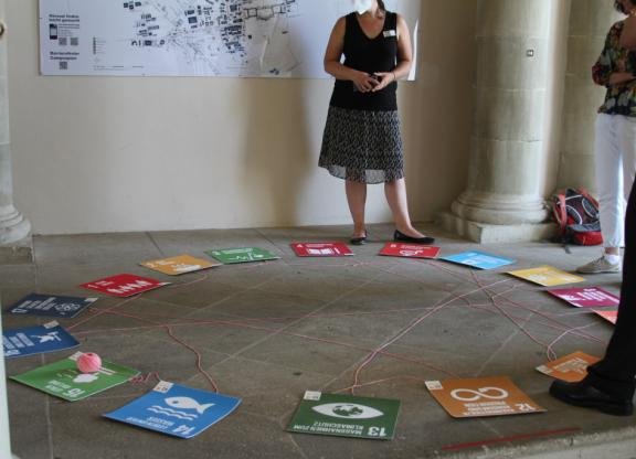 Menschen stehen in einem Kreis um Bilder der SDGs, die mit Wollfäden verbunden sind.