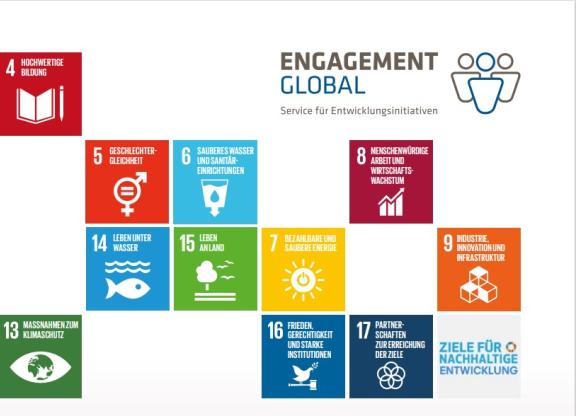 bunte Kacheln der UN Sustainable Development Goals und das Engagement Global Logo